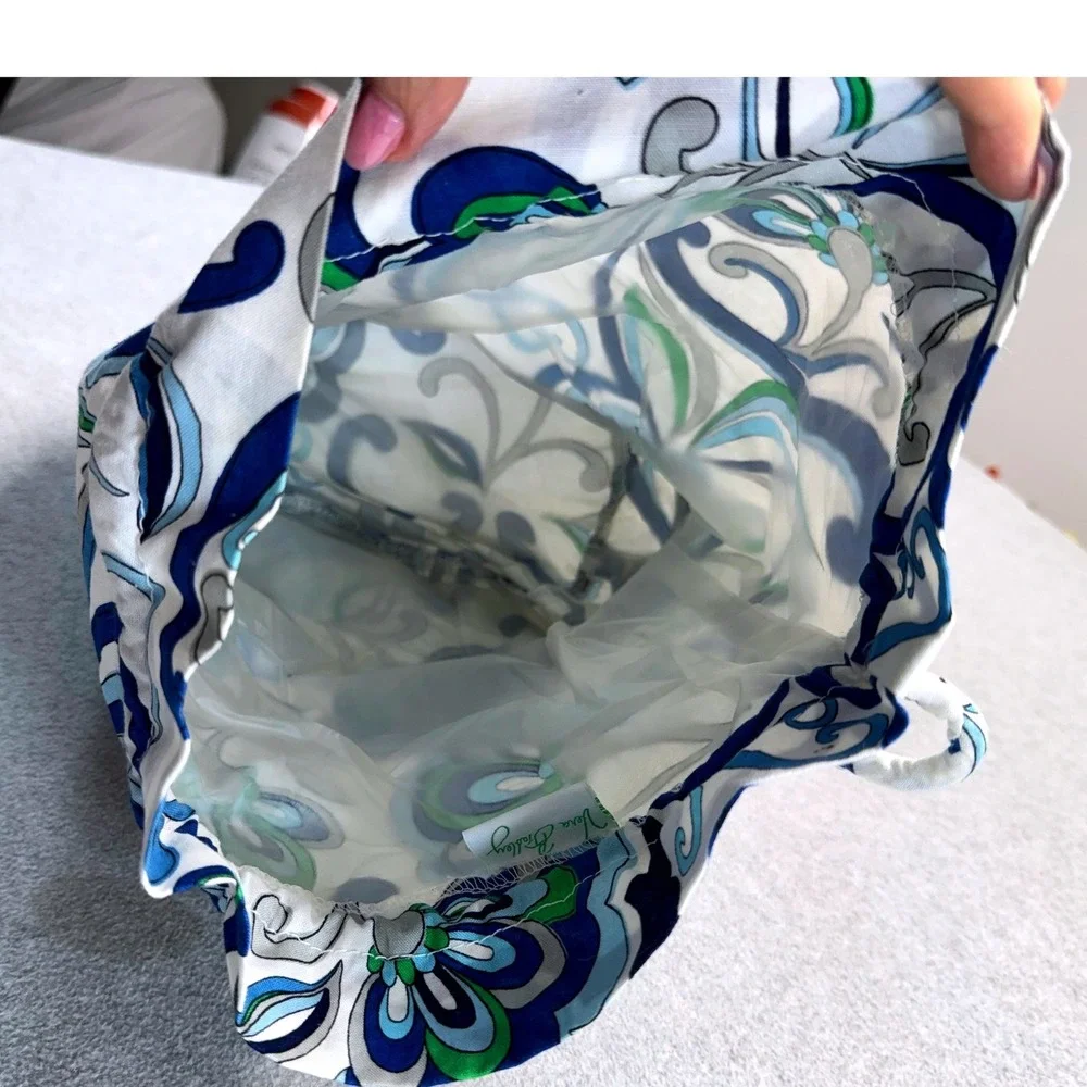 Vera Bradley Drawstring Pouch Womens Medium Blue Green Floral Cotton Travel Bag